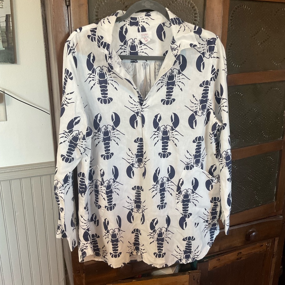 Sigrid Olsen Linen Blend Lobster Top XL Beach Vacation
